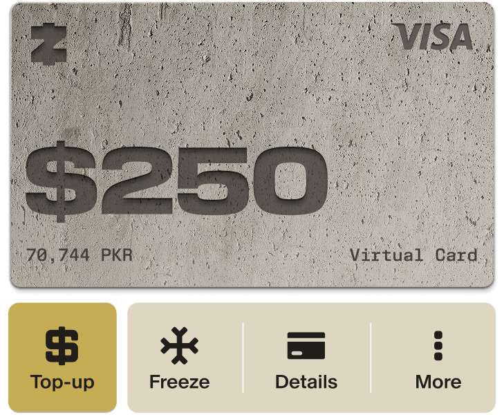 a Zar branded Visa card with wallet action buttons