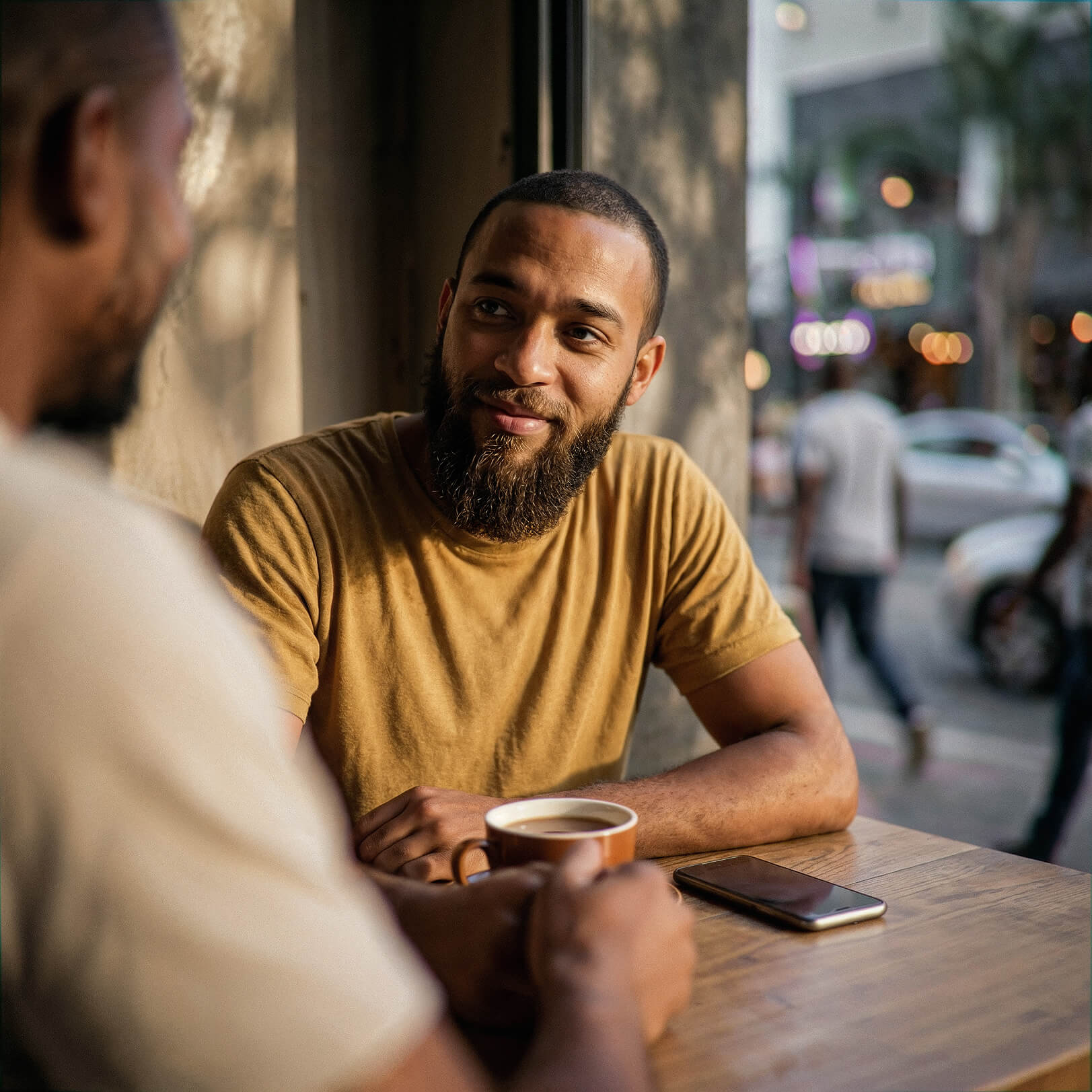 a man having a conversation at a coffee shop