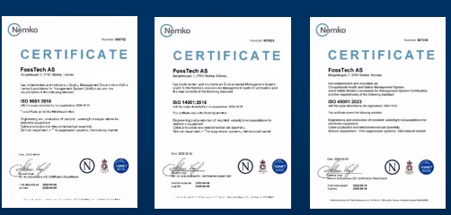Tre Nemko-sertifikater for FossTech AS som bekrefter overholdelse av ISO 9001:2015, ISO 14001:2015 og ISO 45001:2018 standardene.