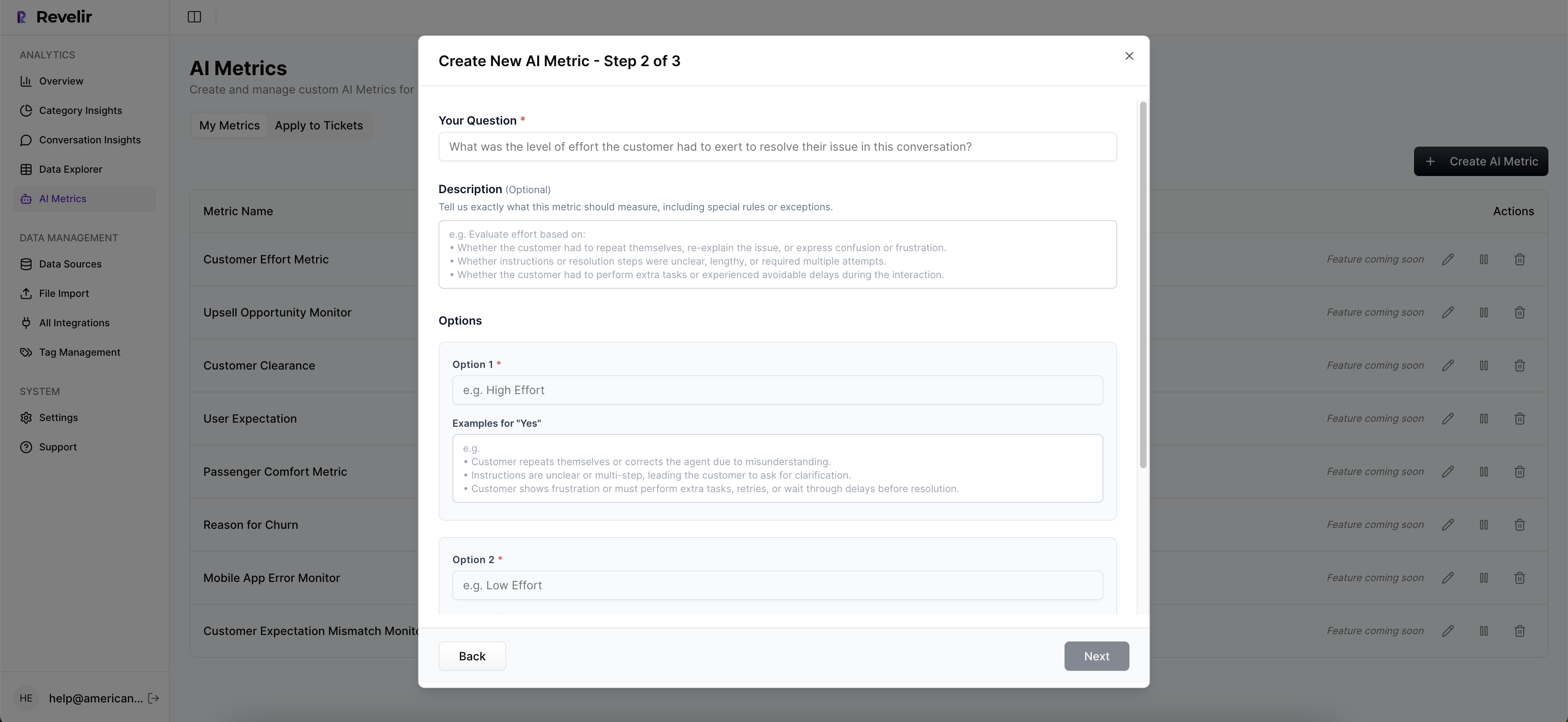This step defines the logic of the custom AI metric by translating a business question into clear, evaluatable criteria. Users specify the exact question the AI should answer, provide guidance and rules that shape how it should interpret conversations, and define the possible output options with concrete examples. This ensures the metric is applied consistently, is grounded in real conversational behavior, and produces results that are explainable, auditable, and aligned with how the business actually evaluates customer interactions.