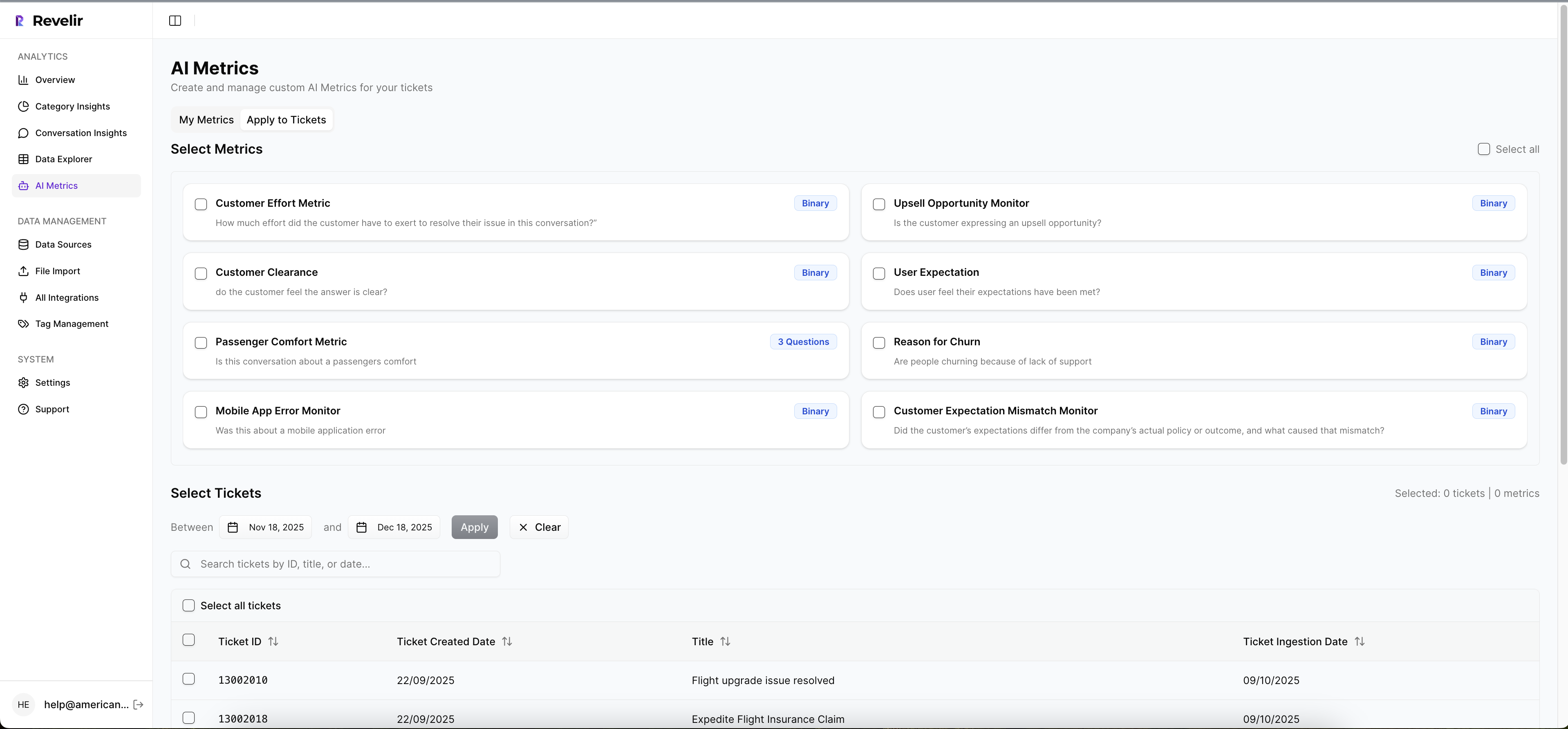 This page is the Apply AI Metrics view, where users can retroactively run selected custom metrics across existing tickets. It allows teams to choose which metrics to apply and which tickets or date ranges to include, enabling historical conversations to be re-evaluated with newly defined business logic. Once applied, these metrics become part of the structured data for those tickets, while all newly ingested tickets are automatically evaluated going forward—ensuring consistency across both past and future customer conversations.
