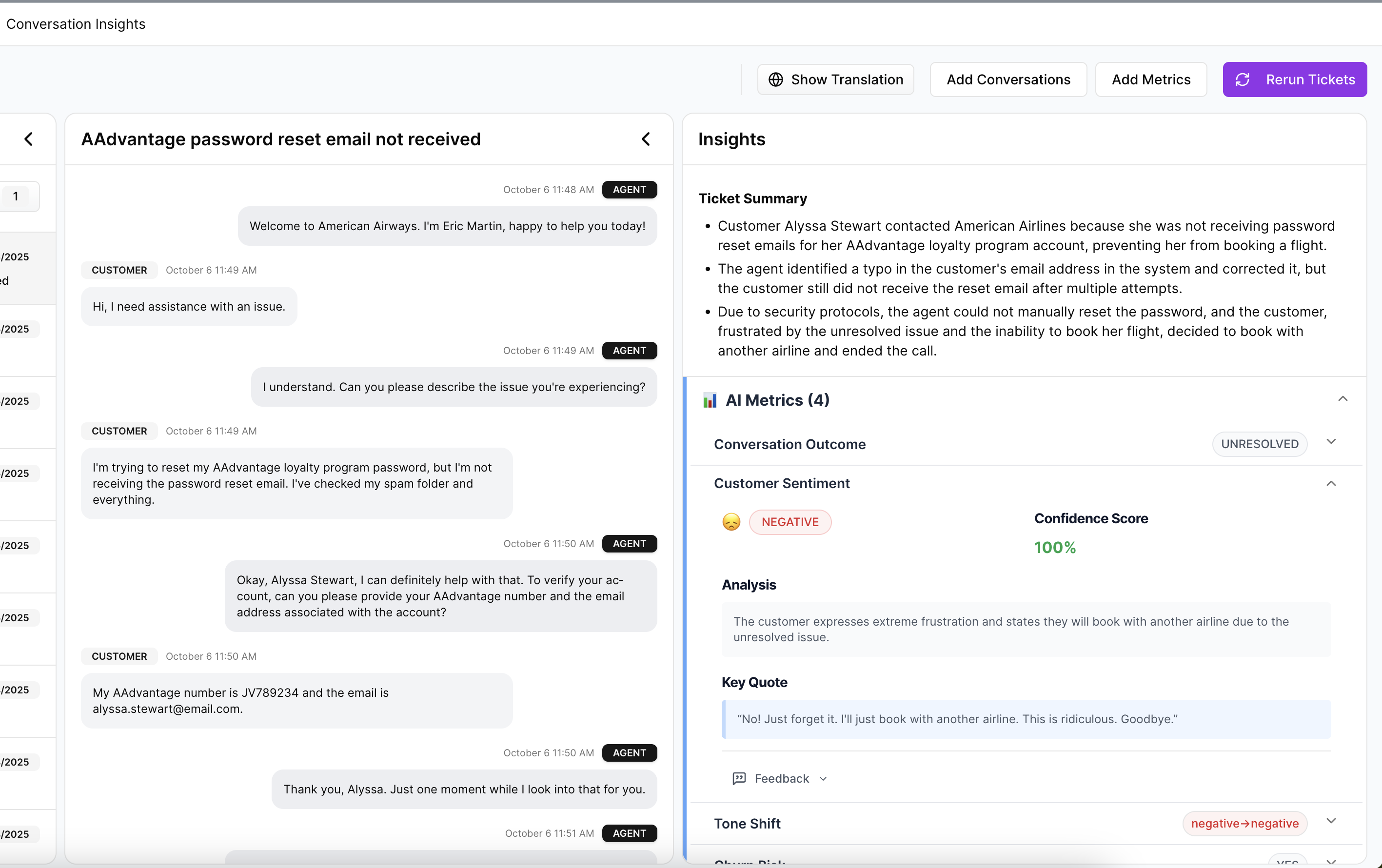 This example illustrates how Revelir analyzes a raw support transcript and accurately extracts negative customer sentiment, supported by a clear summary, confidence score, tone shift detection, and verbatim quotes—showing not just that a conversation is negative, but why, grounded directly in the customer’s own words.
