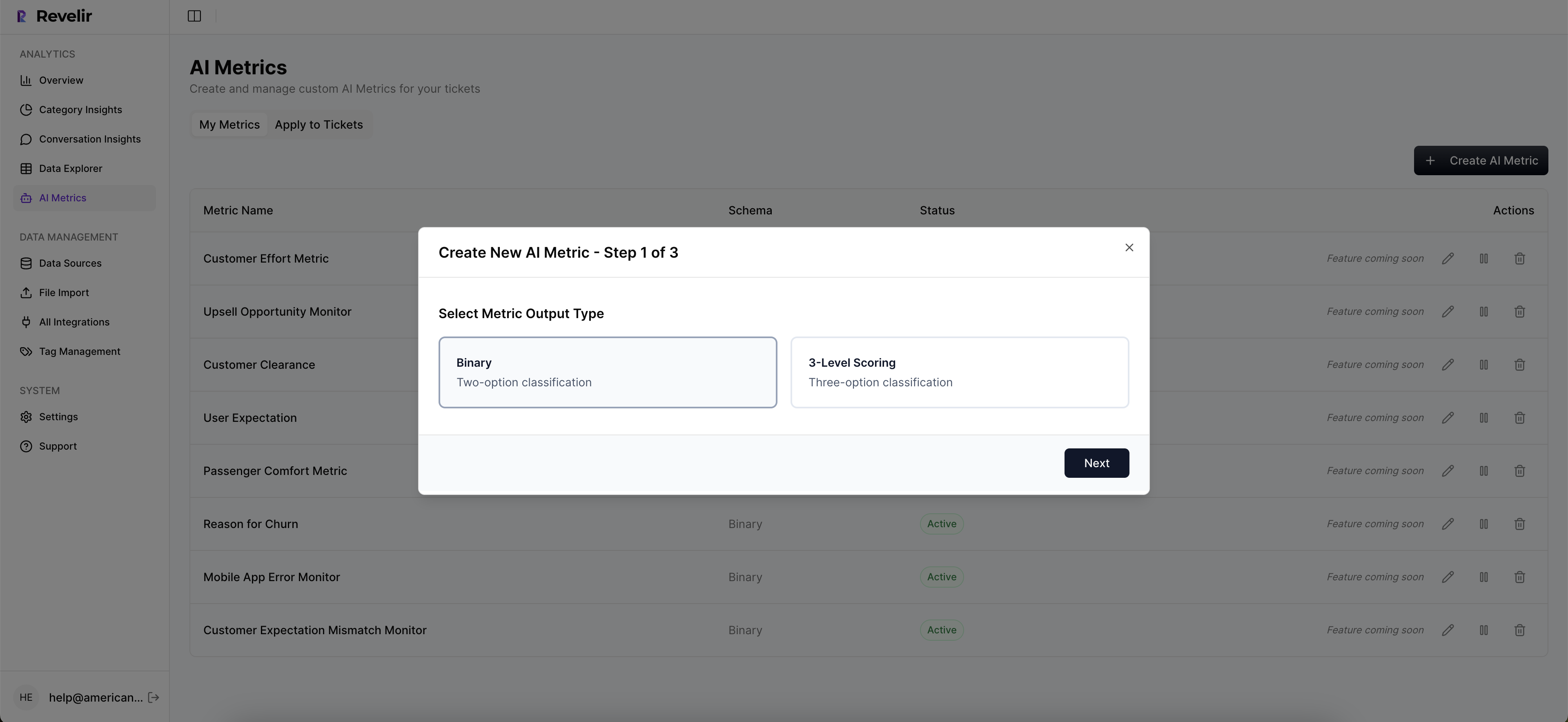 This modal is the first step in creating a custom AI Metric, guiding users through defining the structure of the metric before configuration. It prompts users to choose the metric’s output type—such as a binary classification or multi-level scoring—which determines how the AI will evaluate each conversation. This step ensures that custom metrics are intentionally designed to match the business question being measured and can be applied consistently across all tickets.