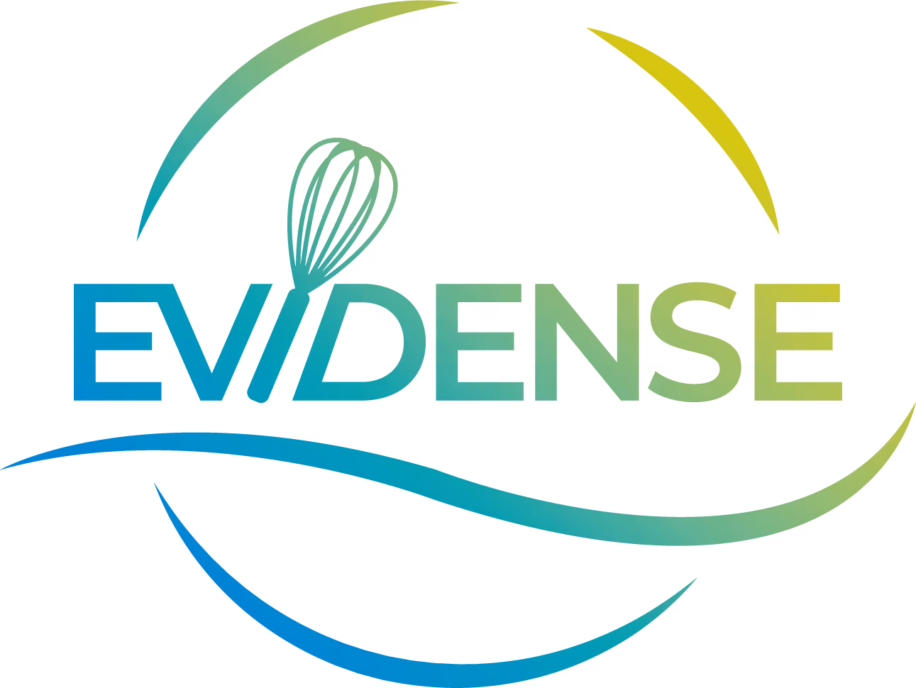 Logo EVIDENSE avec un fouet de cuisine stylisé intégré dans le texte et des courbes colorées dégradées encerclant le texte.
