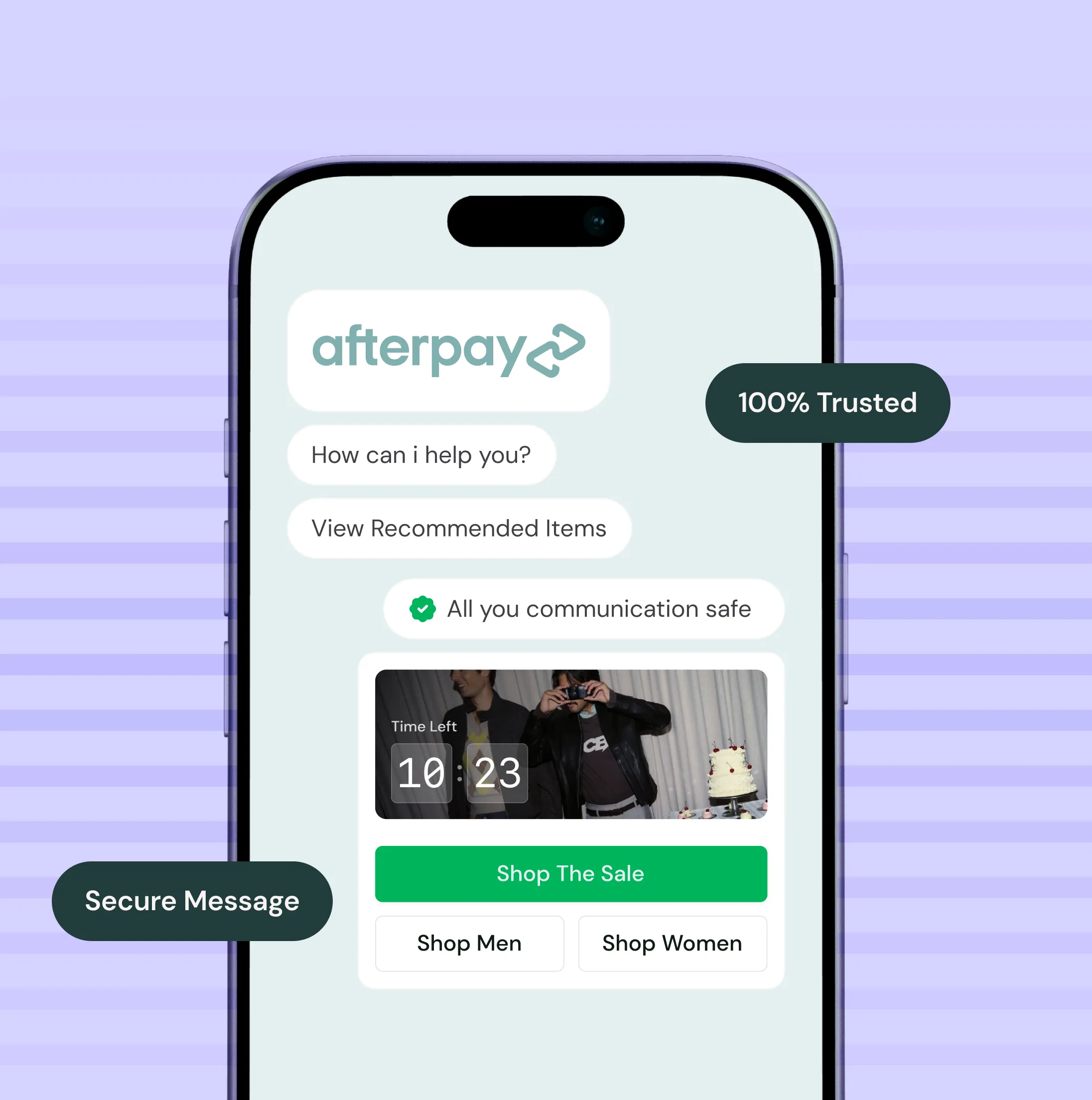 Smartphone screen showing an Afterpay chat interface with messages, a countdown timer, and buttons for shopping men or women with labels indicating secure and trusted messaging.
