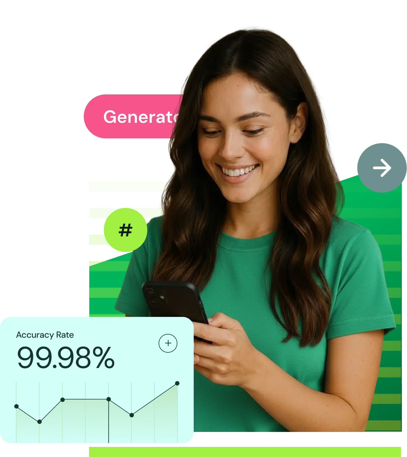 Smiling woman in green shirt looking at smartphone with an overlay showing an accuracy rate of 99.98% on a performance graph.