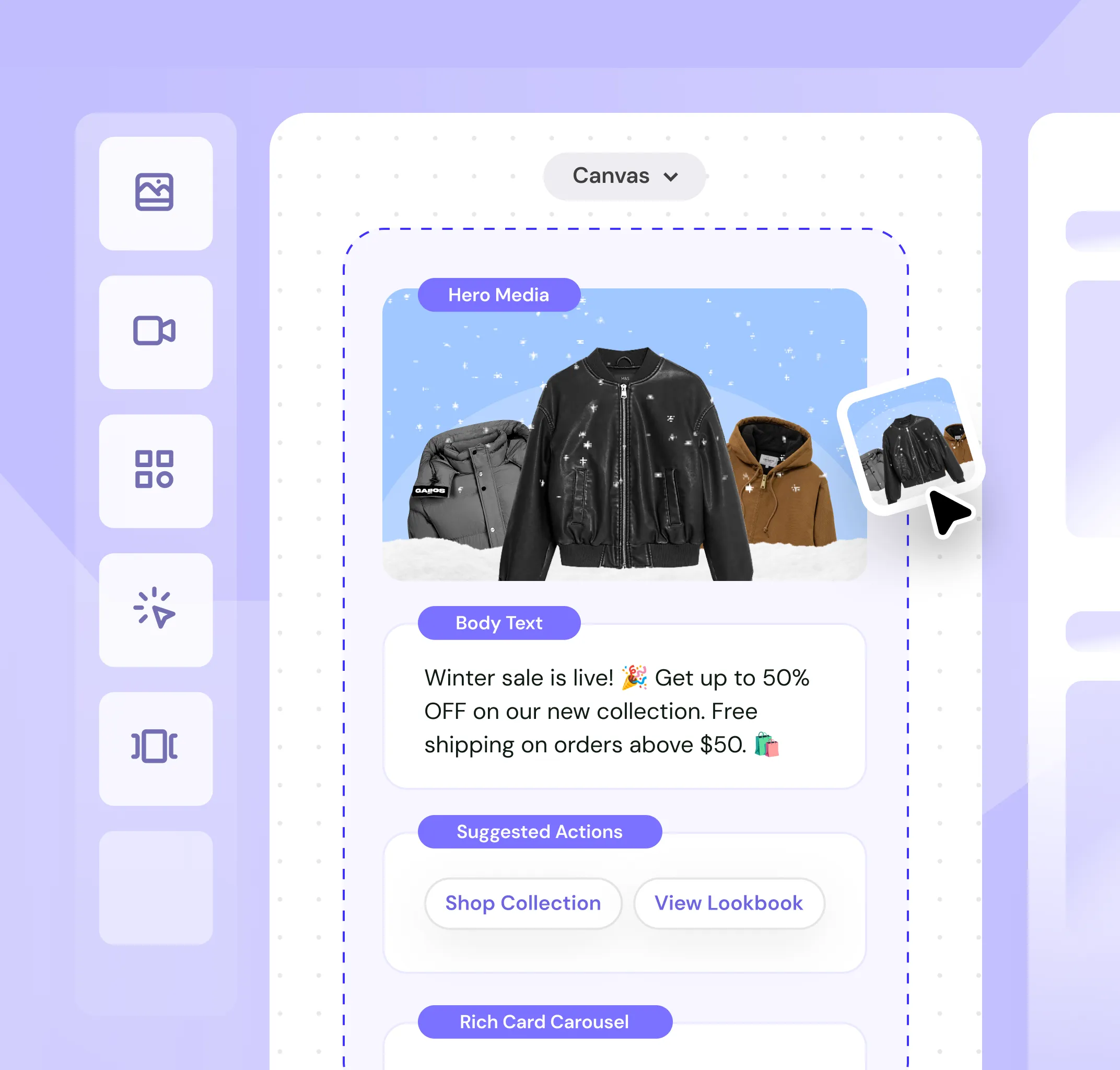 User interface design showing a canvas with hero media featuring three jackets, promotional text for a winter sale with up to 50% off, buttons for shopping collection and viewing lookbook, and a rich card carousel section.