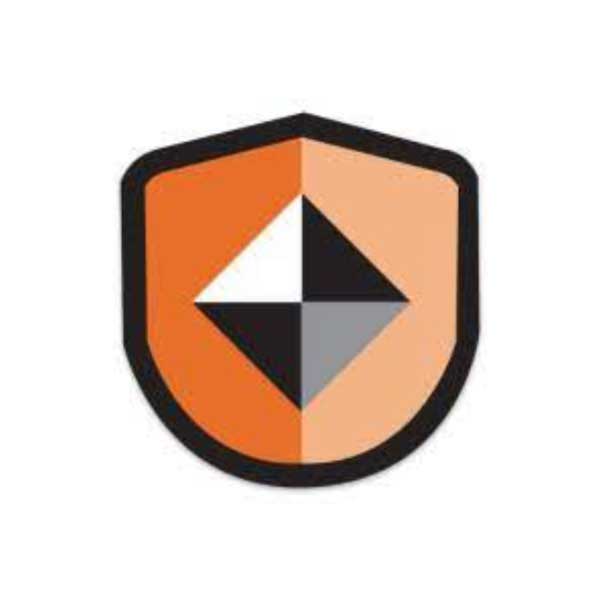 Bouclier orange et beige avec un losange divisé en quatre parties de couleurs noir, blanc et gris.