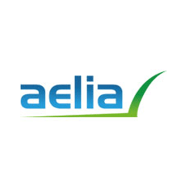 Logo de la marque Aelia avec un texte bleu et une ligne verte ascendante.