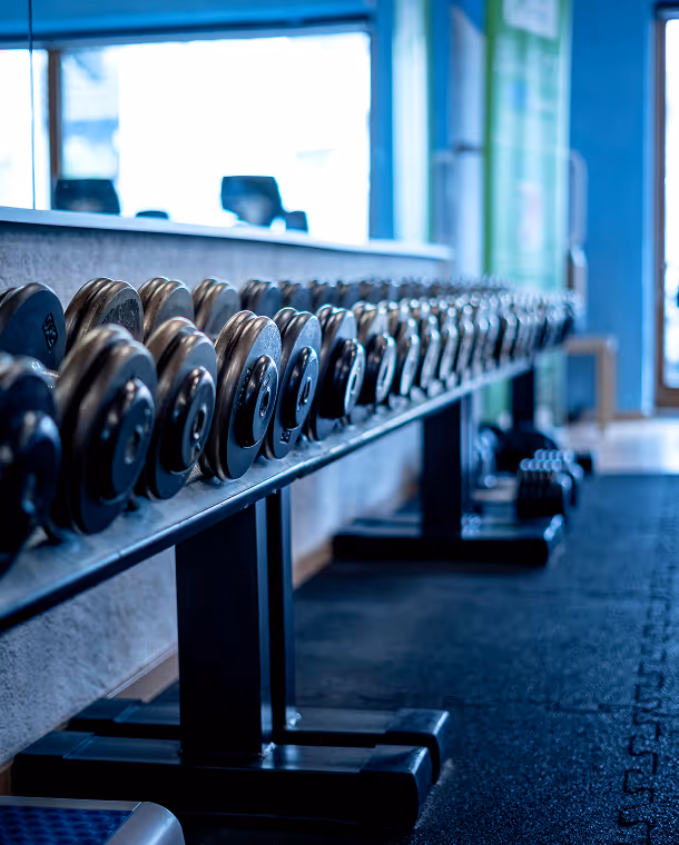 Collection of images showing modern cardio machines, strength training area, and stylish gym interior.