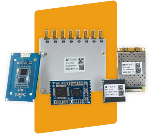 Various IDTRONIC electronic modules with circuit boards and connectors displayed on an orange background.