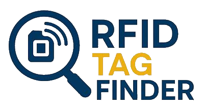 Lupe mit einem stilisierten RFID-Symbol daneben und den Worten RFID TAG FINDER.