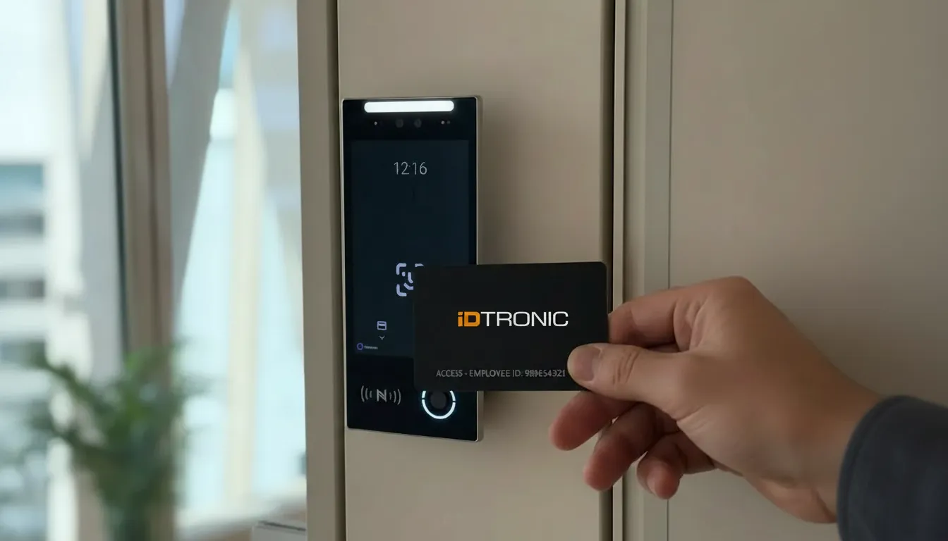 Hand hält eine iDTRONIC Zugangskarte vor einen Türzugangsscanner.