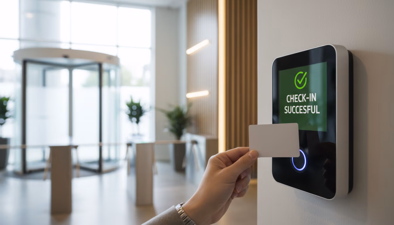 Person benutzt Karte am Lesegerät mit Anzeige 'Check-in successful' in einem modernen Eingangsbereich.
