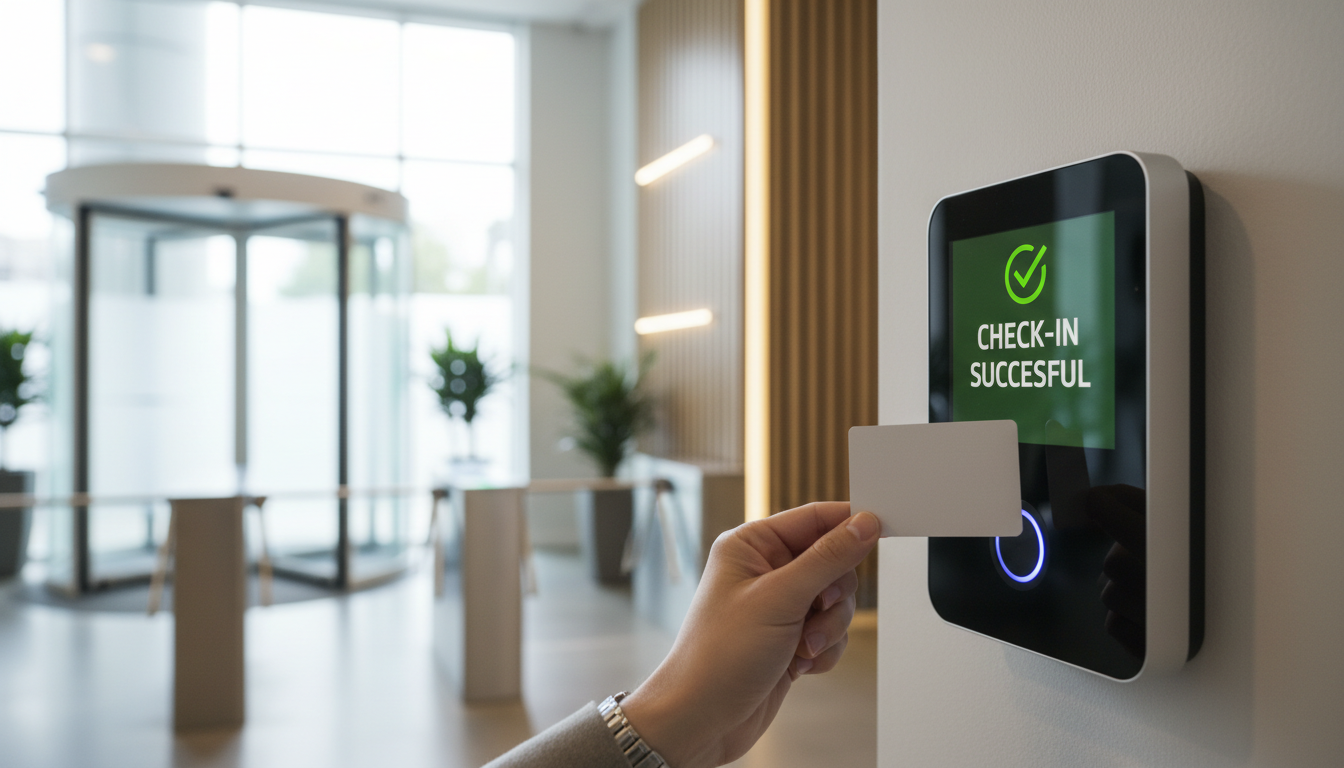 Person benutzt Karte am Lesegerät mit Anzeige 'Check-in successful' in einem modernen Eingangsbereich.