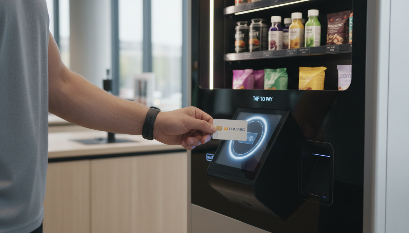 Person bezahlt kontaktlos mit Karte an einem modernen Automaten mit Snacks.