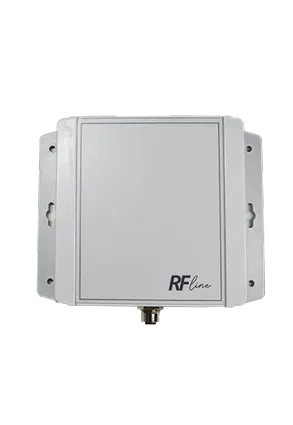 Rechteckiges weißes Gehäuse eines Elektronikgeräts mit der Aufschrift RF line.