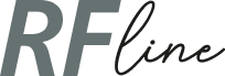RF in bold gray letters followed by cursive black text reading line.
