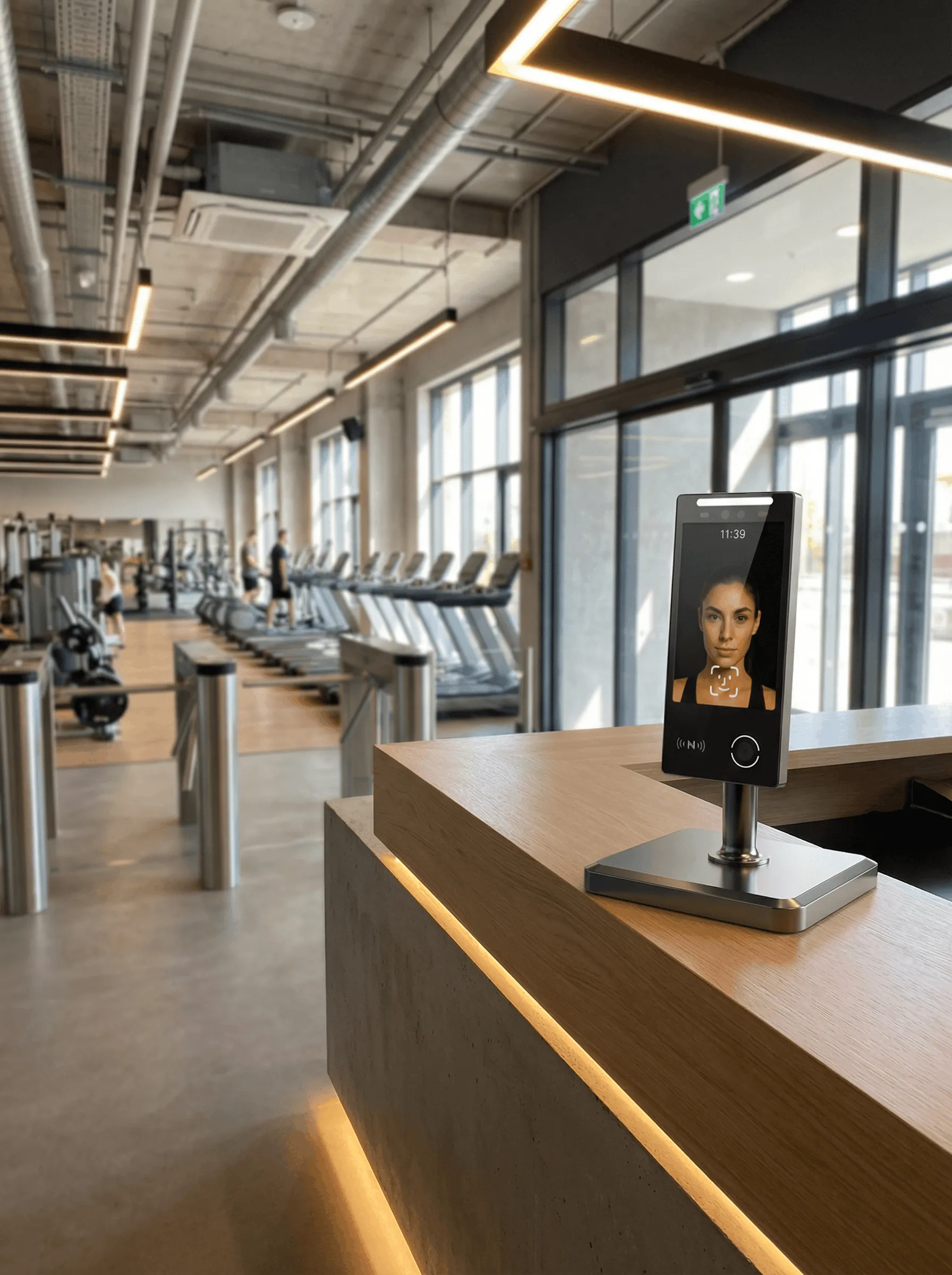 Gesichtserkennungsterminal am Empfang eines modernen Fitnessstudios mit Laufbändern im Hintergrund.
