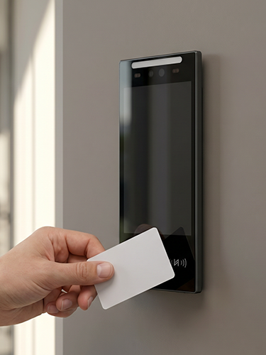 Hand hält weiße Karte vor ein modernes schwarzes Smart-Zugangskontrollgerät an der Wand.