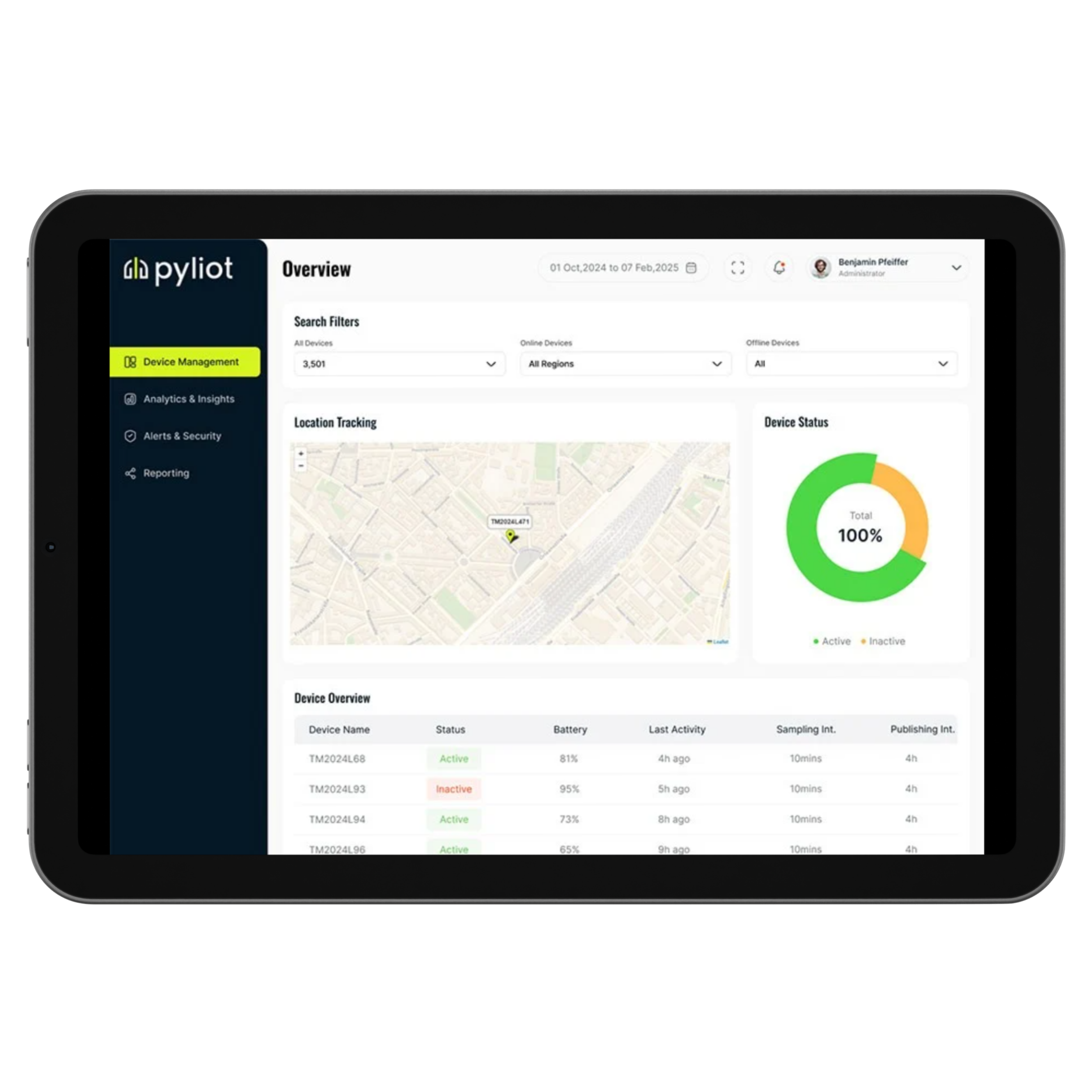 Tablet showing Pylot device management dashboard with map, device status chart, and device list.