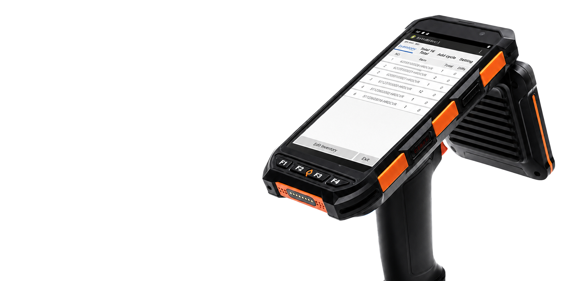 Handscanner mit digitalem Display zeigt eine Inventarliste mit mehreren Artikelnummern und Mengen.