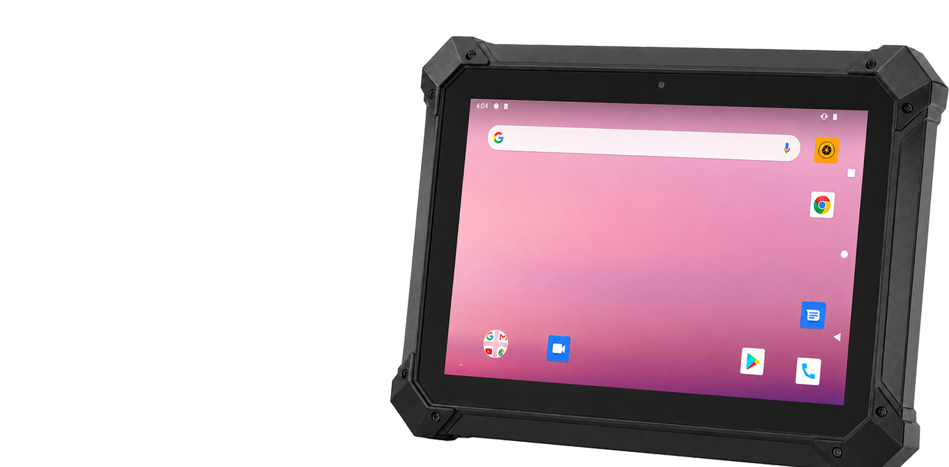 Robustes Tablet mit schwarzem Gehäuse und angezeigtem Android-Startbildschirm mit Apps.