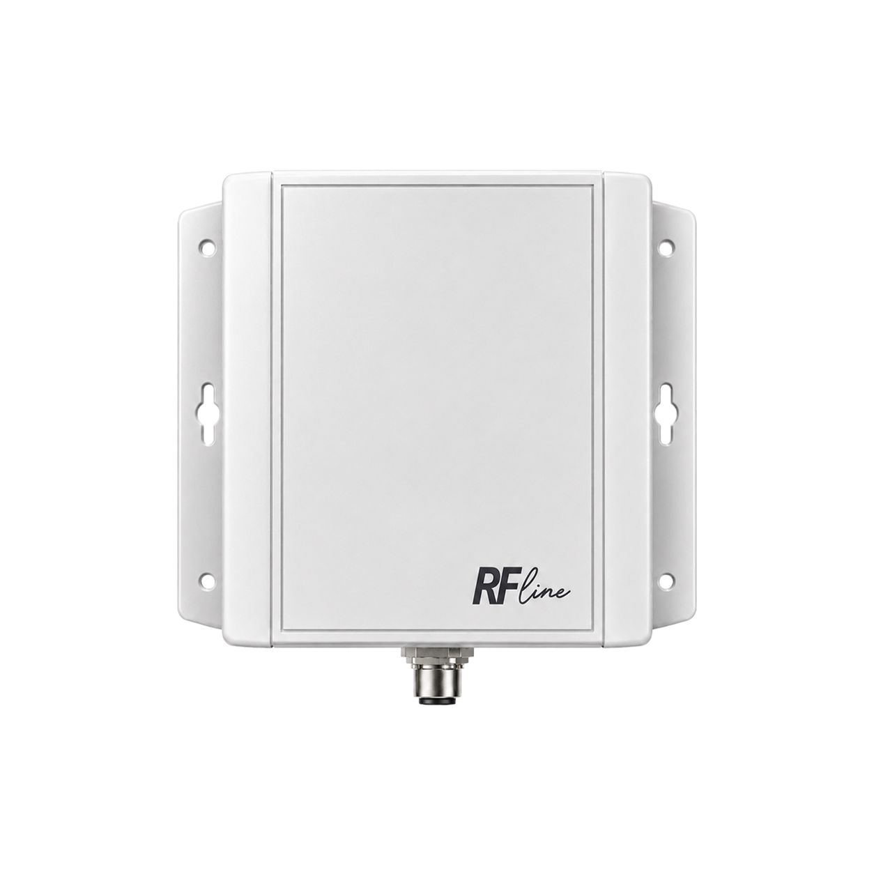 Weiße quadratische elektrische Gehäusebox mit RFline-Logo und Metallanschluss unten.