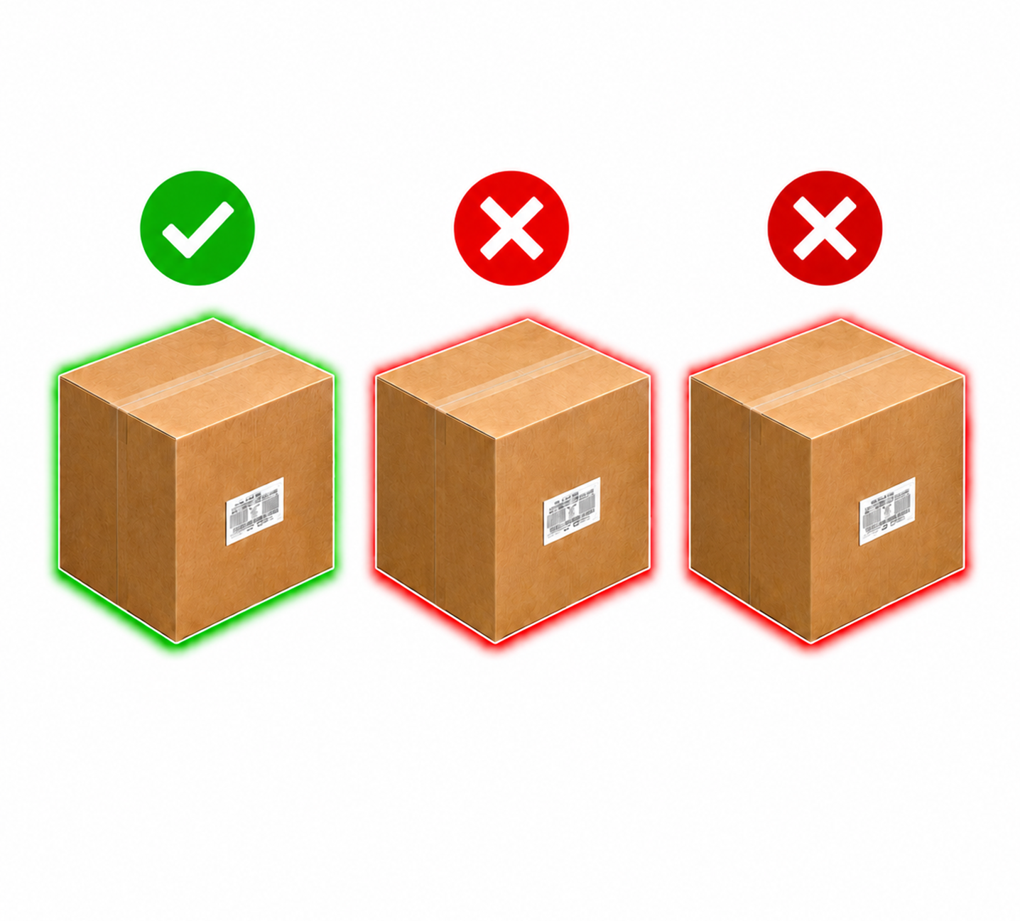 Drei Kartons mit Versandetiketten, links grüner Haken, mittig und rechts rotes X.
