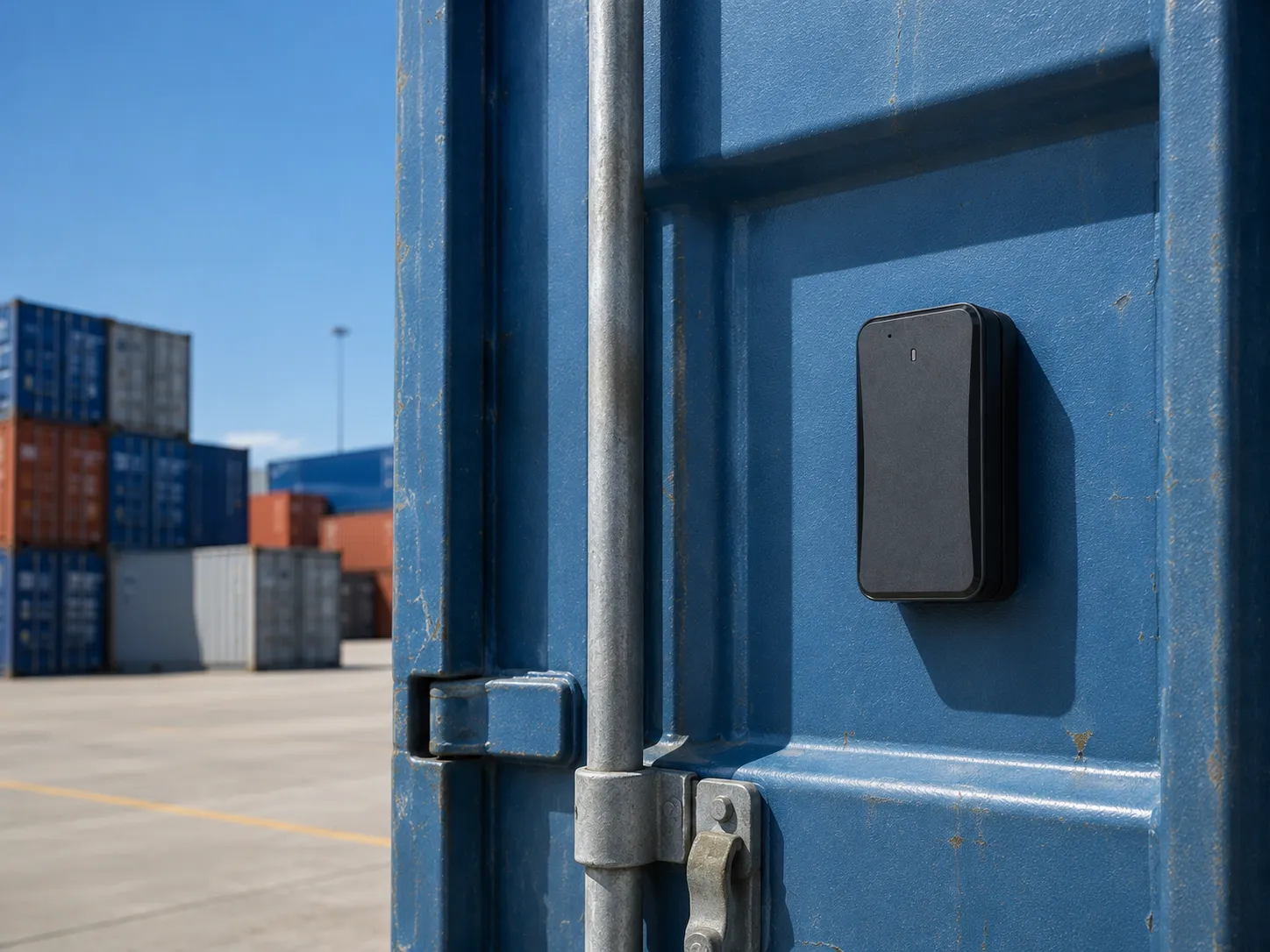 Schwarzes Tracking-Gerät an blauer Tür eines Containers auf einem Containerlager unter blauem Himmel.