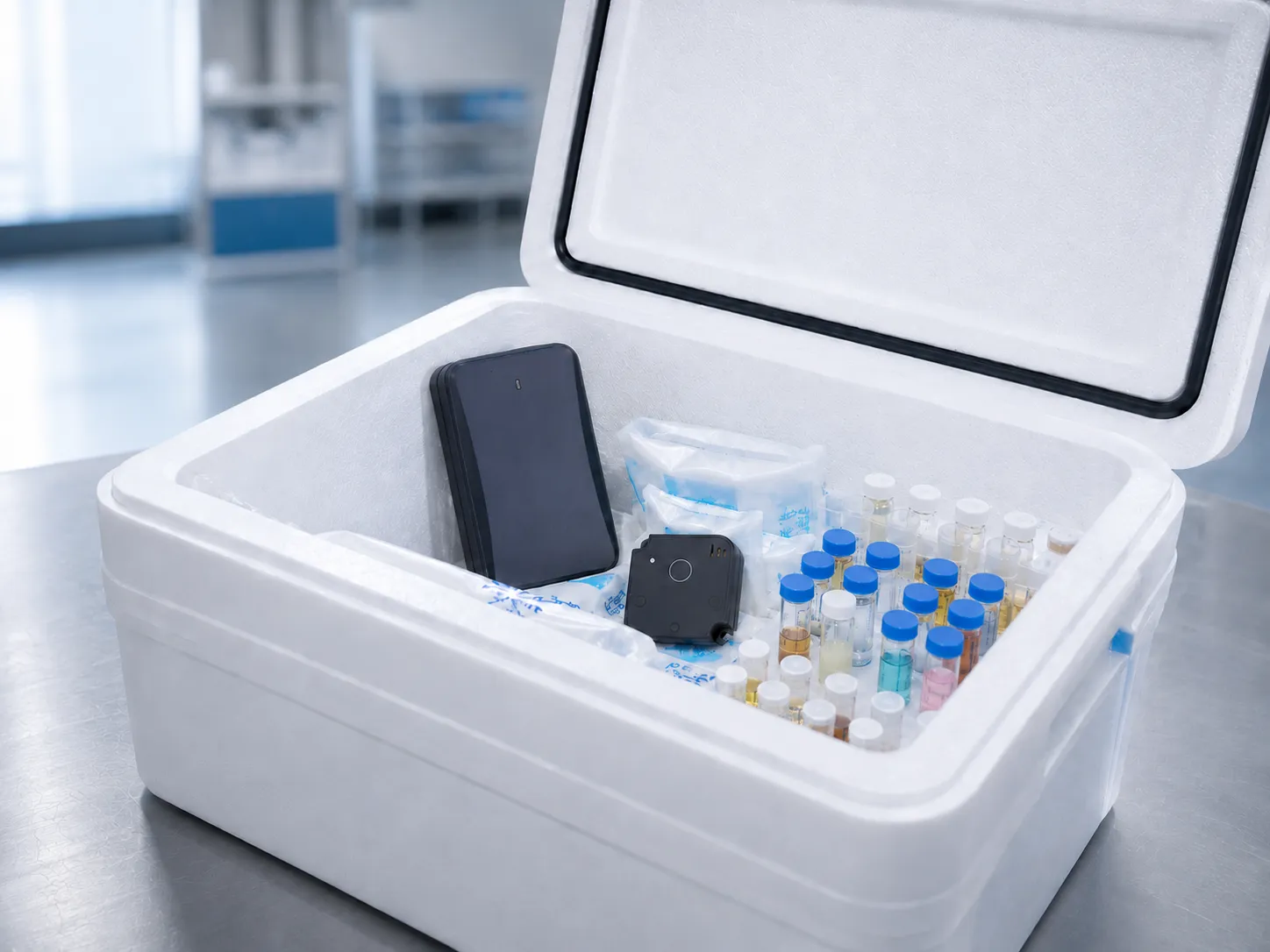 Geöffnete Isolierbox mit Eisbeuteln, Probenfläschchen und Messgeräten für Laborproben.