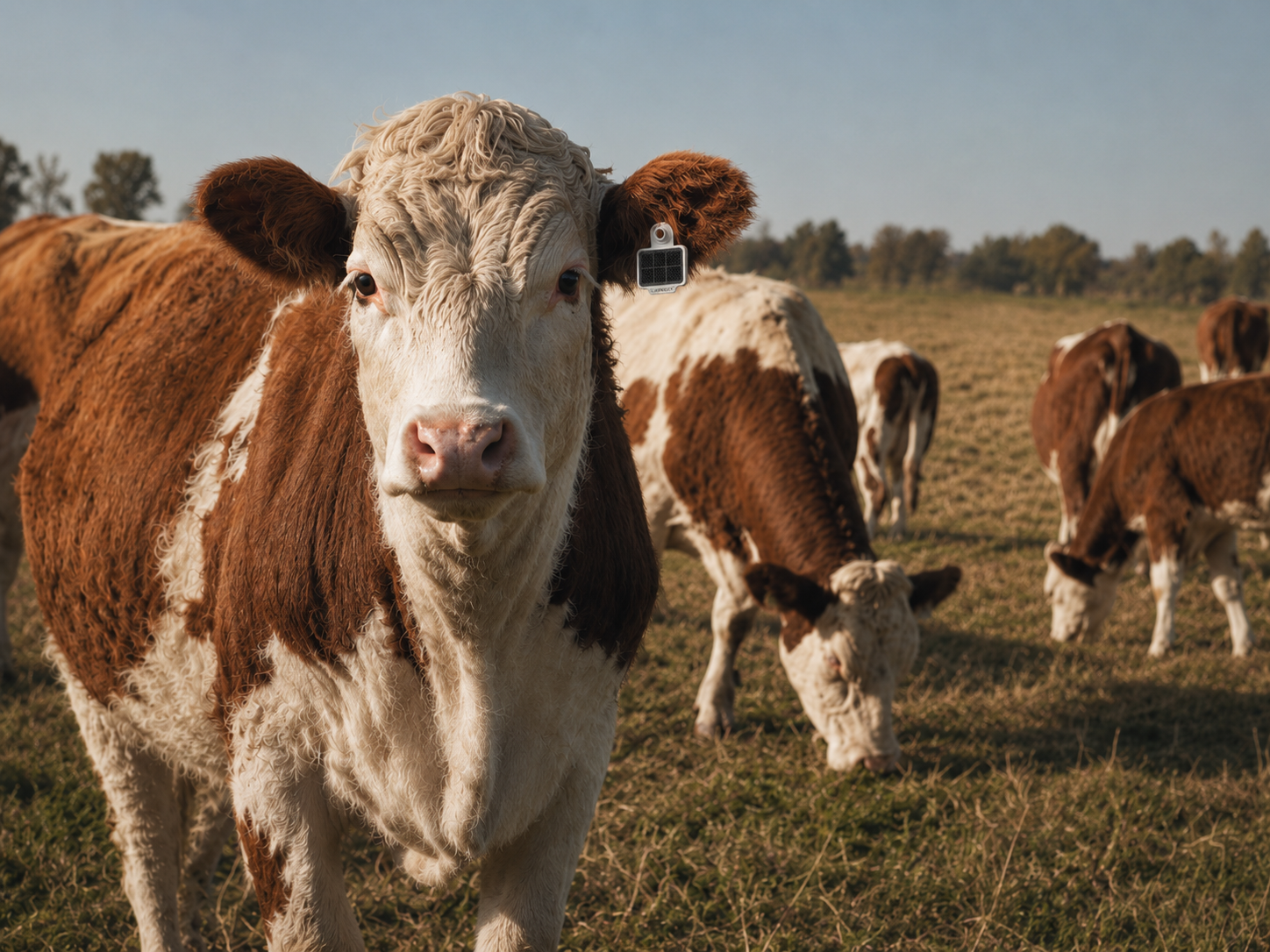 Braun-weißes Rind mit einem Tracker am Ohr steht im Feld, andere grasen im Hintergrund.