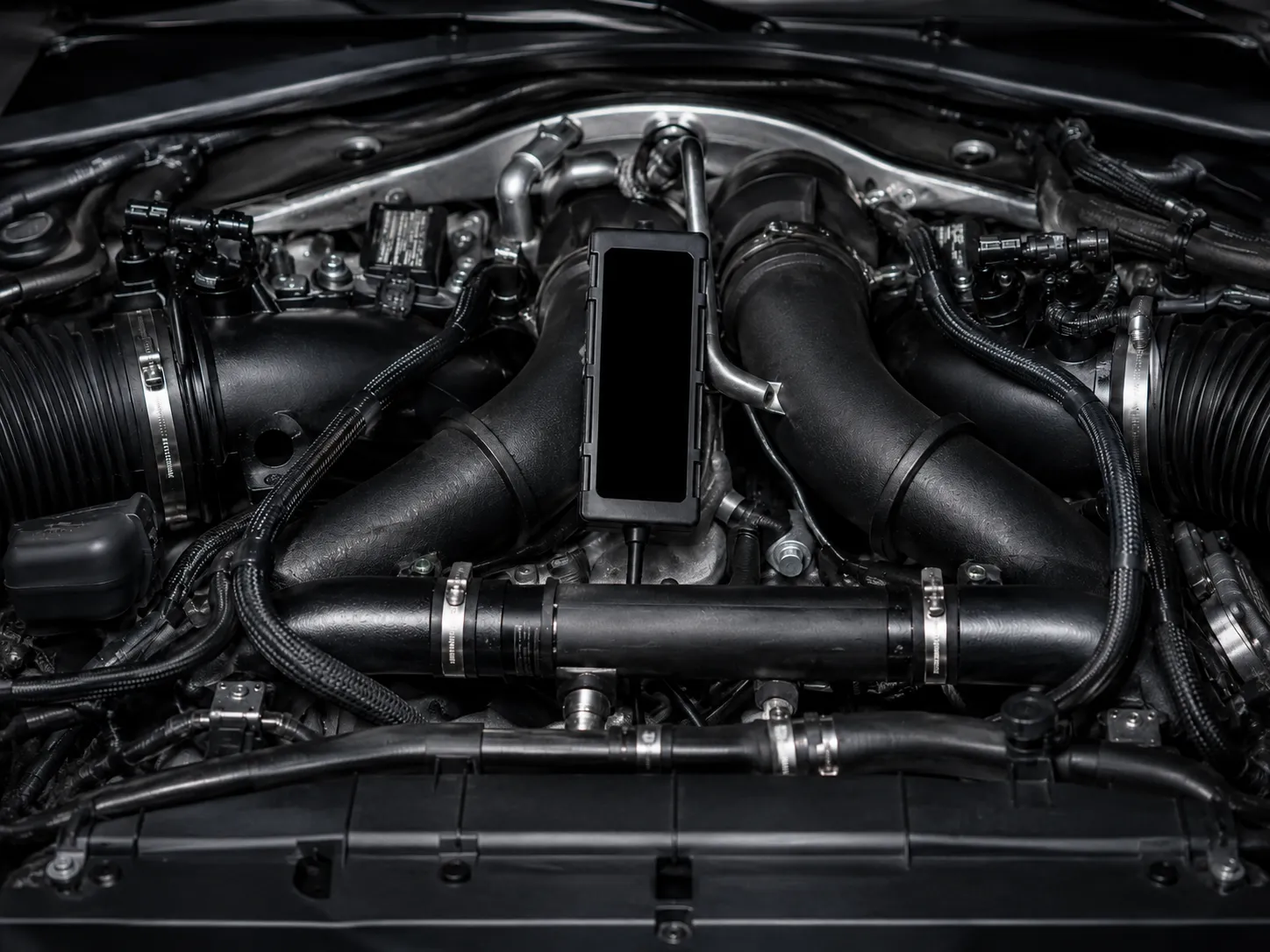 Nahaufnahme eines sauberen und detaillierten schwarzen Automotorraums mit sichtbaren Schläuchen und Kabeln.