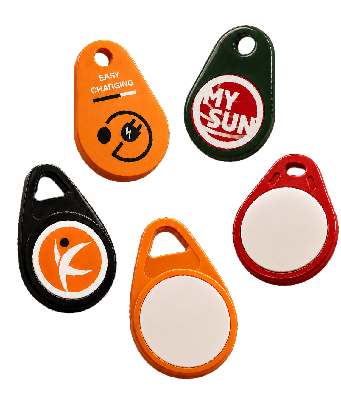 Fünf farbige Schlüsselanhänger, zwei orange, einer rot, einer grün mit MySun-Logo, einer schwarz mit Symbol.