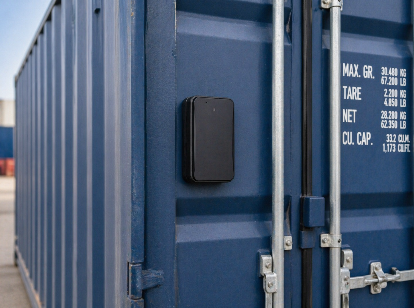 Blauer Container mit einem schwarzen elektronischen Gerät an der Seite und Verschlusssystemen.