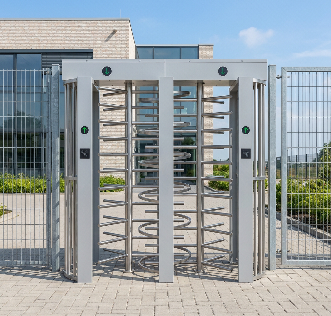 Zwei Metall-Drehkreuze an Einfahrt mit Pfeilen und Zugangskartenlesern auf gepflastertem Boden.