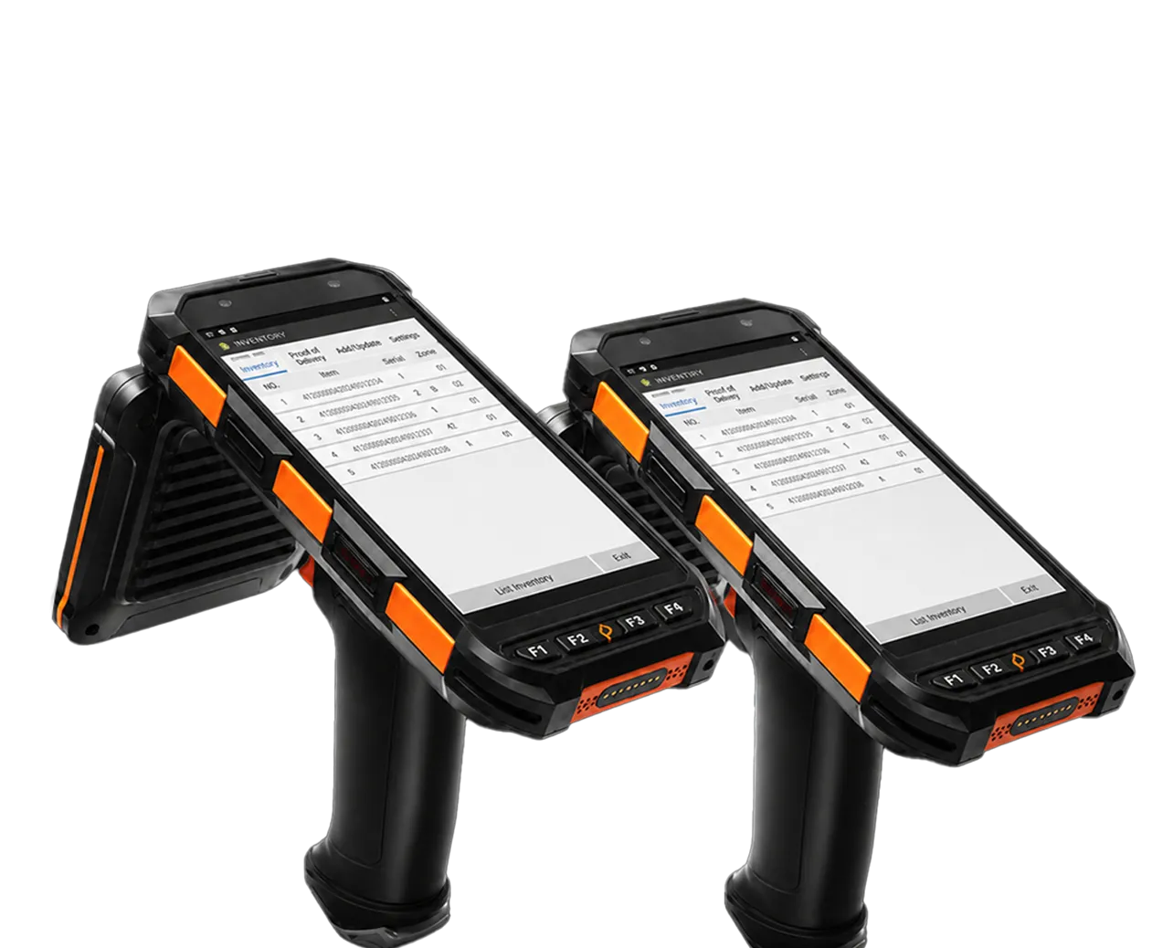Zwei robuste Handheld-Geräte mit Bildschirm zeigen Lagerbestandslisten, orange Akzente am Gehäuse.