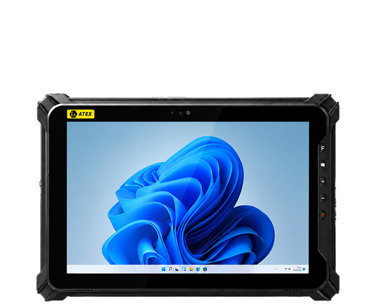 Robustes Tablet mit Windows 11 auf dem Bildschirm und ATEX-Schutzzeichen oben links.