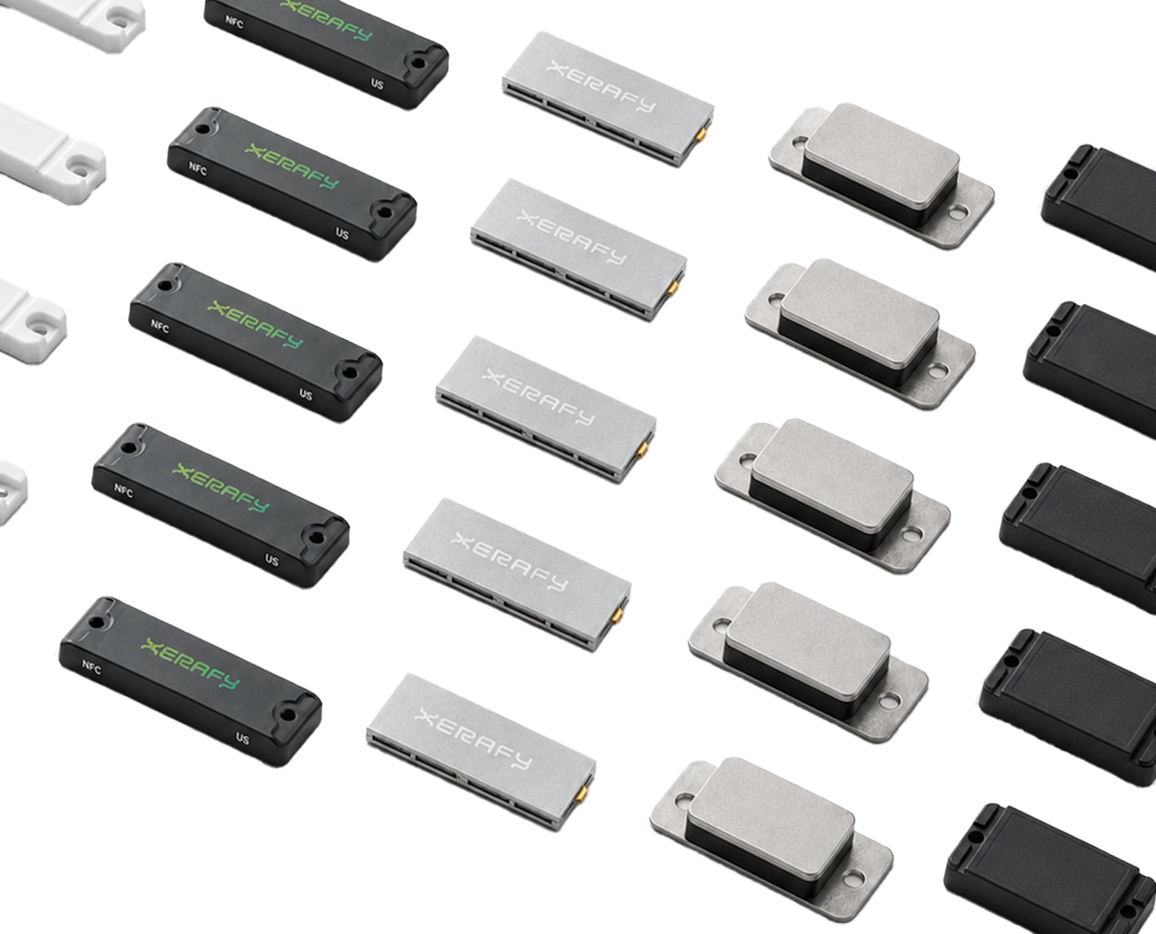 Rows of rectangular electronic tags in black, white, and silver with the brand name Xerafy on some.
