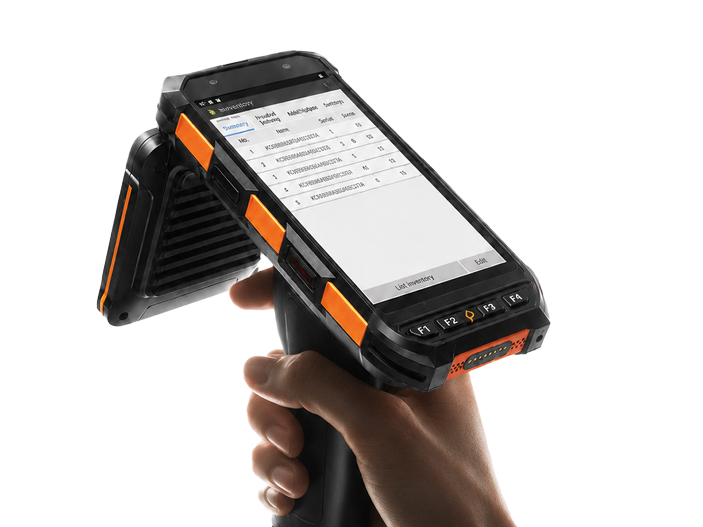Hand hält ein mobiles Barcode-Scannergerät mit Inventarliste auf dem Bildschirm.