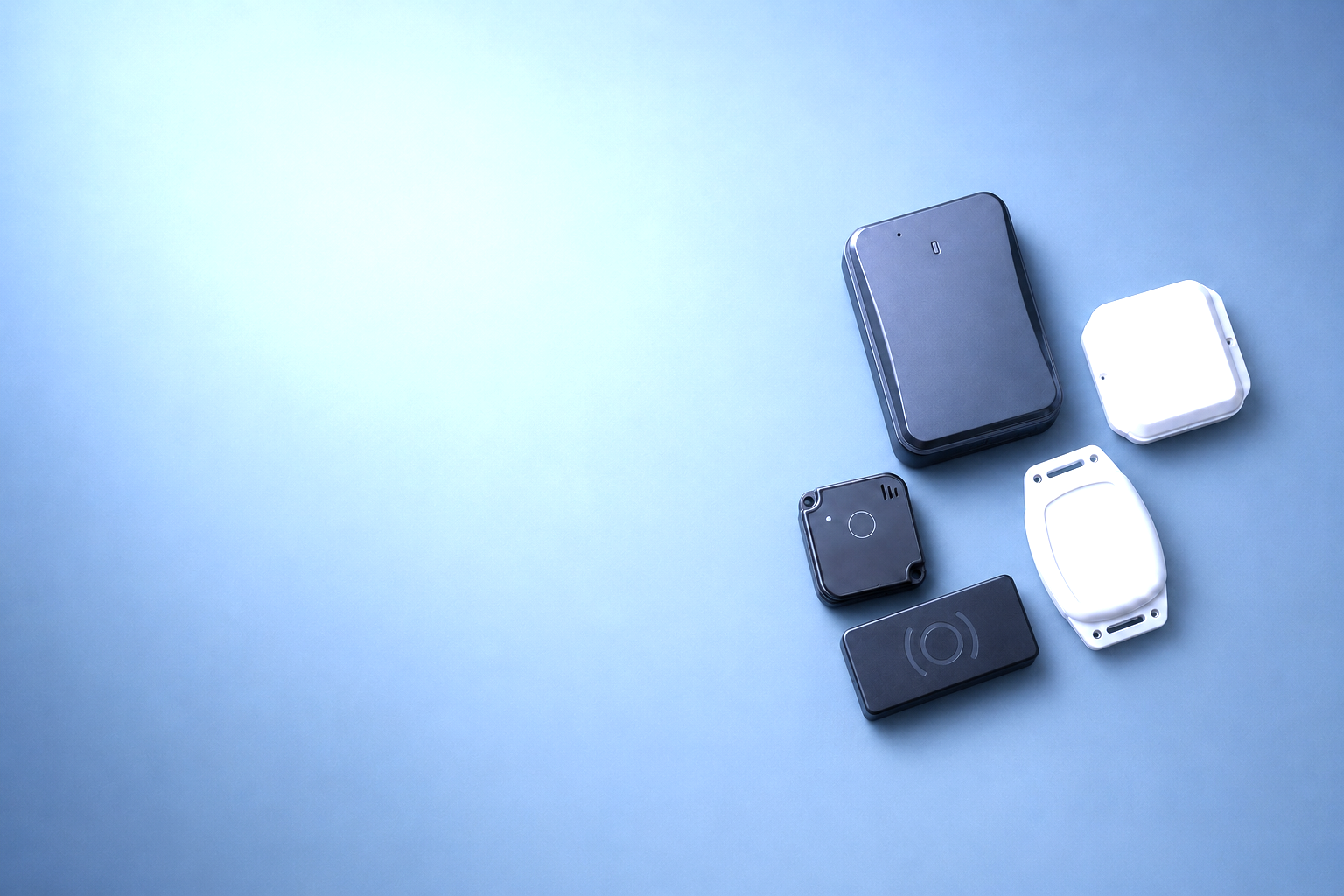 Fünf verschiedene schwarze und weiße smarte IoT-Sensorgeräte auf blauem Hintergrund.