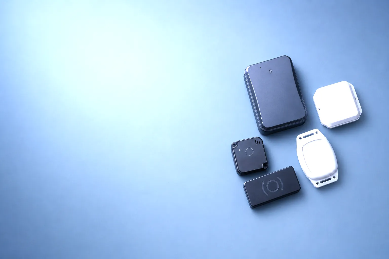 Fünf verschiedene schwarze und weiße smarte IoT-Sensorgeräte auf blauem Hintergrund.