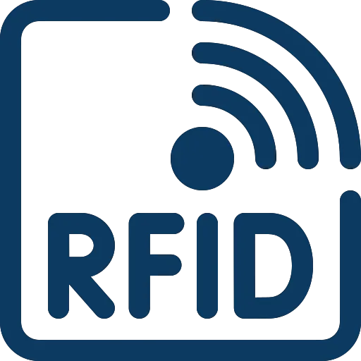 RFID-Symbol mit stilisiertem Funksignal, das für Radiofrequenz-Identifikation steht.