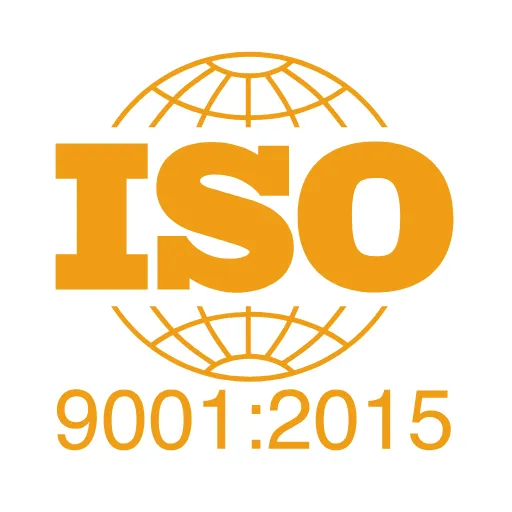 ISO 9001:2015 Zertifizierungslogo mit stilisierter Weltkugel in Orange.
