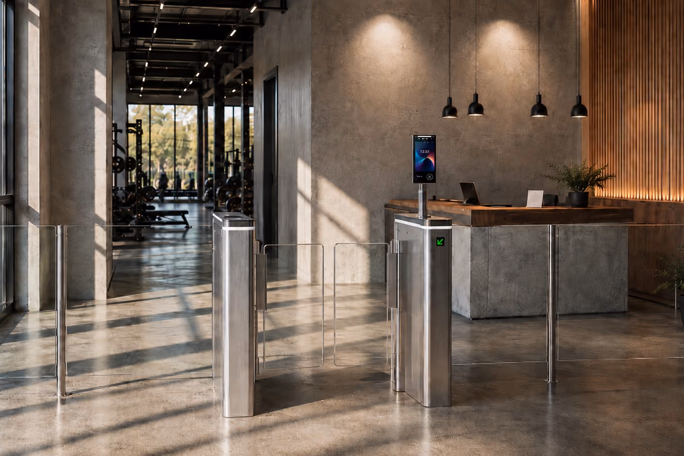 Eingang mit Drehsperren und Bildschirm im modernen Fitnessstudio mit Betonboden und Holzmöbeln.