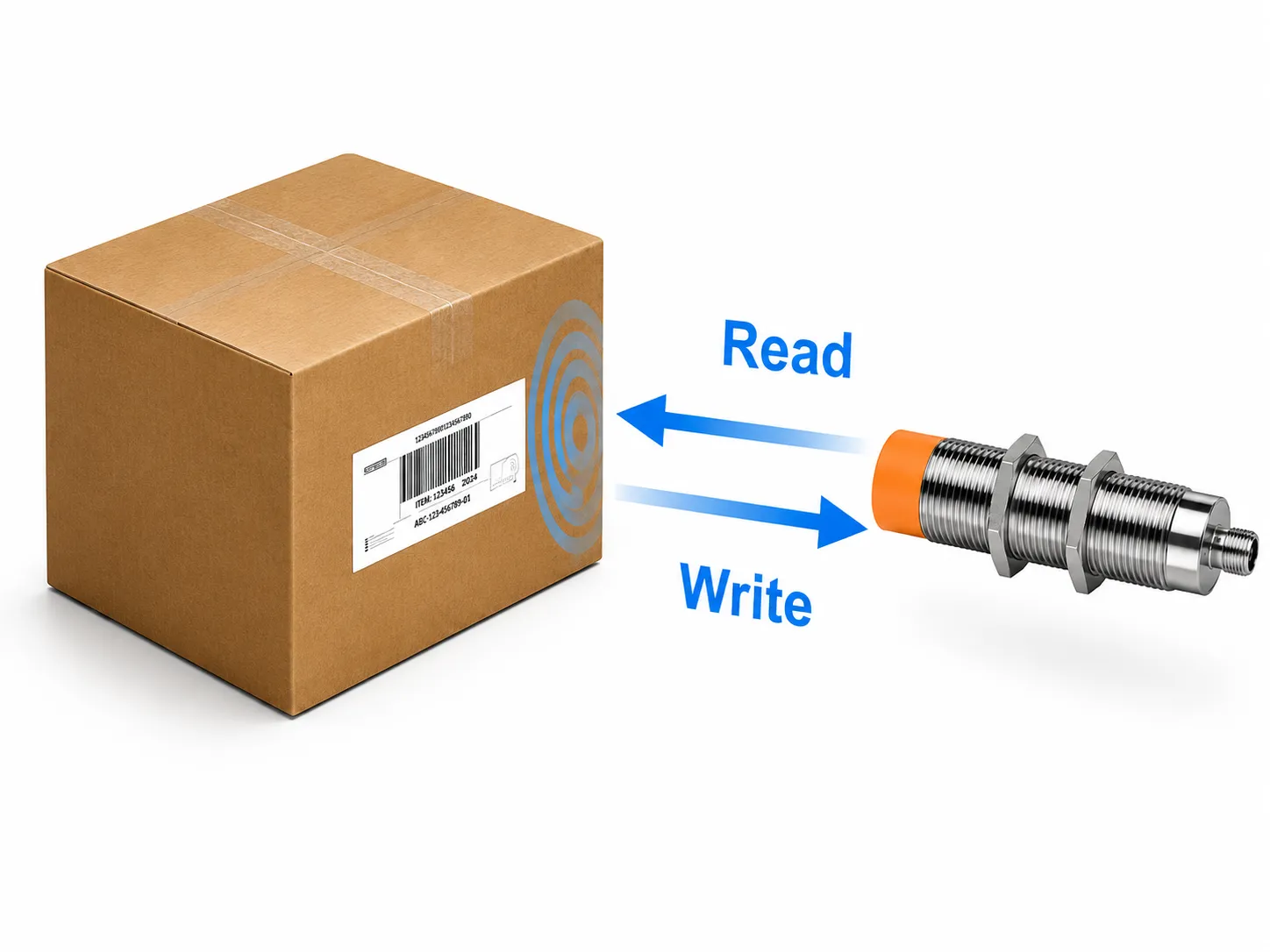 Drahtloser Sensor liest und schreibt Daten auf einem Barcode-Etikett an einem Karton.