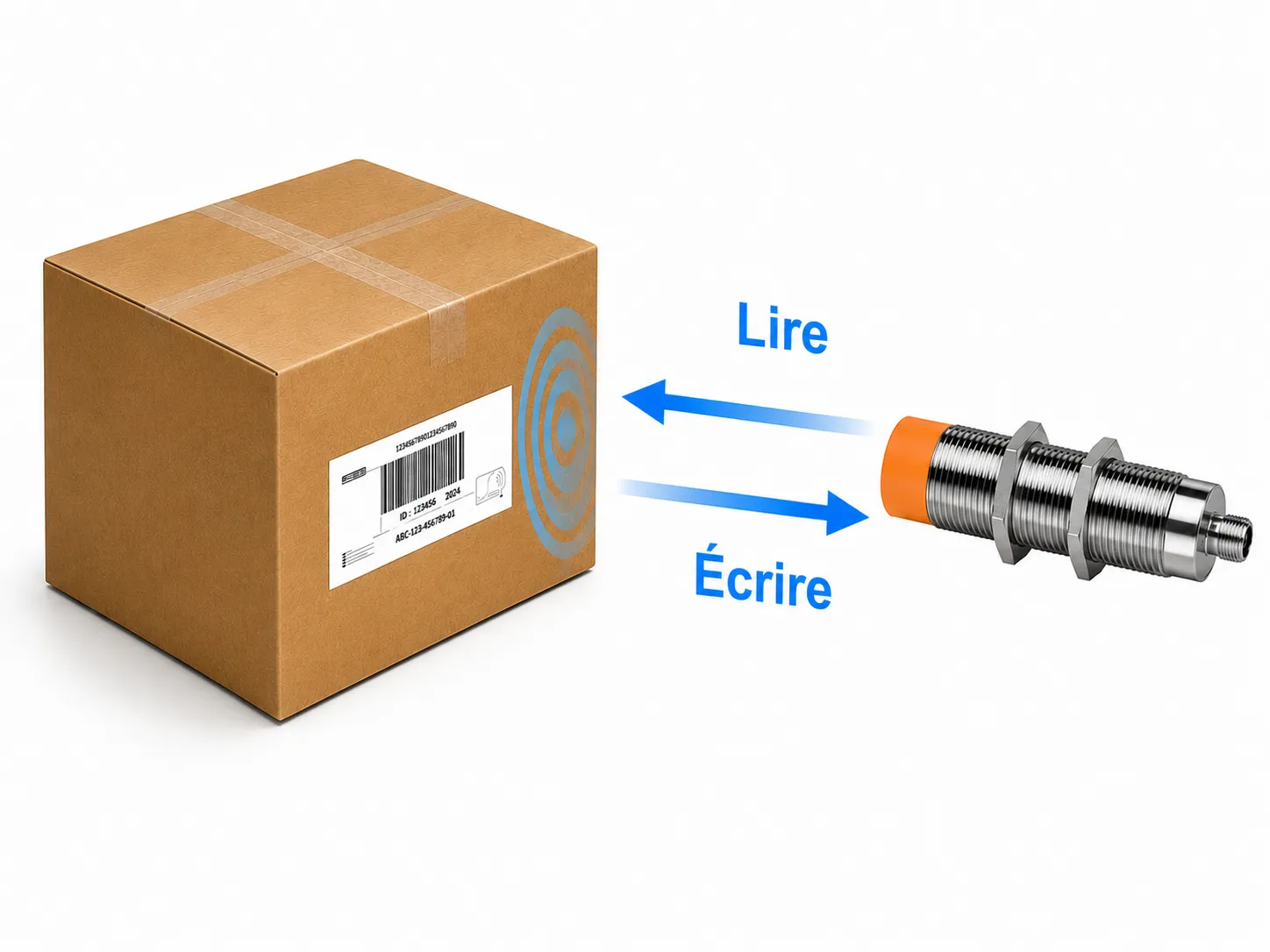 Metallsensor liest und beschreibt Datenetikett auf einem braunen Karton mit Pfeilen.