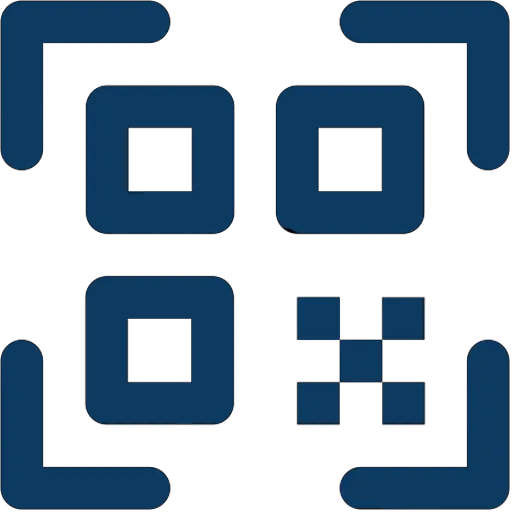 Symbol eines QR-Codes für das Scannen in dunklem Blau auf weißem Hintergrund.