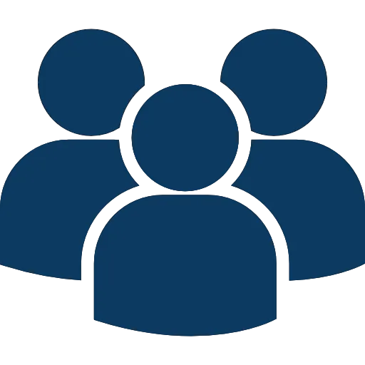 Symbol mit drei stilisierten Personen, die eine Gruppe oder Team repräsentieren.