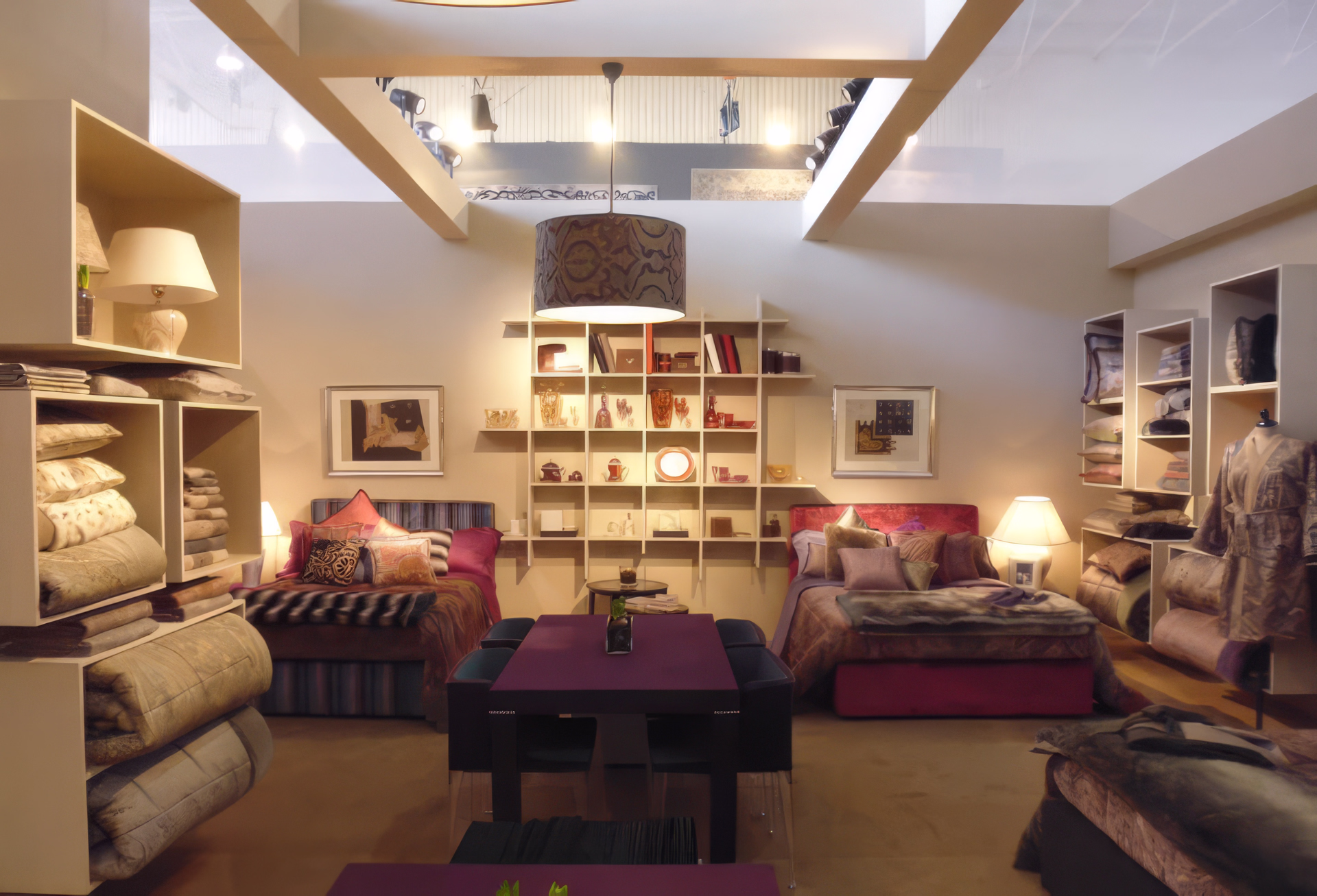 Showroom di biancheria e arredo letto, con due letti allestiti, scaffali pieni di cuscini e coperte, tavolo centrale con sedute, lampade da interno e travi a vista sotto un lucernario.
